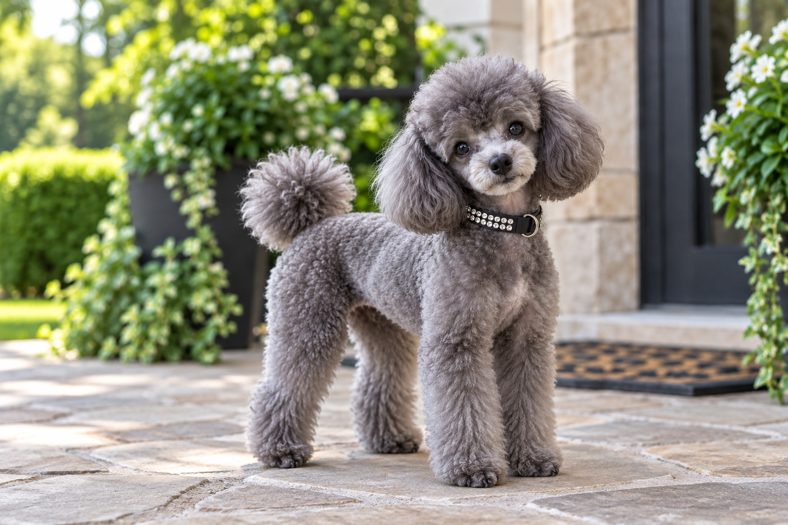 Beau, a grey poodle with a pom-pom tail, standing on stone paving in front of green foliage