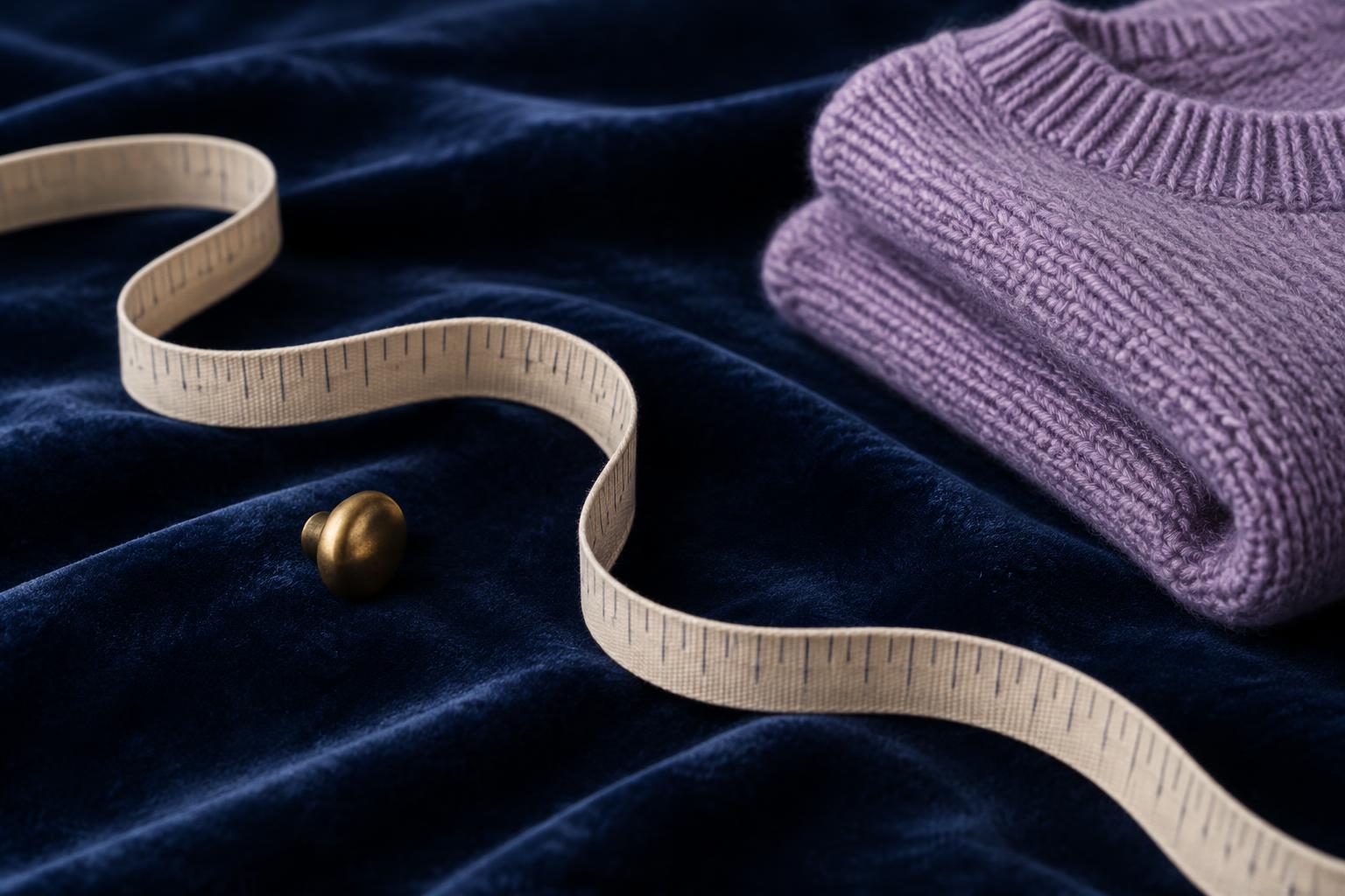 A cream tape measure curving across deep navy cloth beside a square of folded lilac fabric